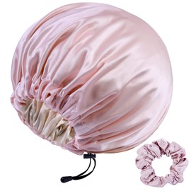 RedJoe 22 Momme 100% Mulberry Silk Bonnet Hair Wrap for Sleeping, Adjustable Silk Scrunchies Sleep Cap for Women Men Hair Care, Head Scarf Night Caps with Elastic Stay On Head, 1Pc(Pink,Beige)