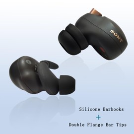 Double Flange Ear Tips & Ear Hooks for Sony WF-1000XM5/M4 – Fit Silicone Earbud Tips + Anti-Slip Ear Hooks Combo (2-in-1 Bundle), Black