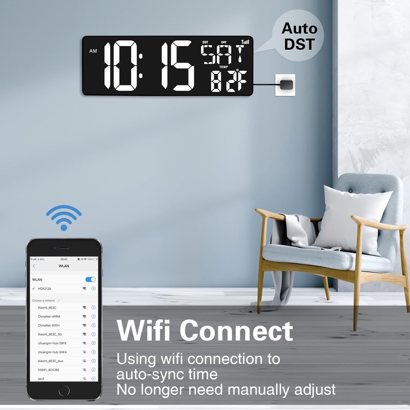 XREXS 16.5 in Large Display Wall Clock with Temperature/Date/Week, LED