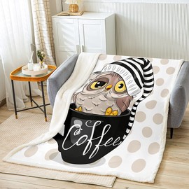 Owl Sherpa Throw Blanket Kids Cute Kawaii Cup Owl Fleece Blanket for Bed Sofa Couch Girls Cartoon Animal Bird Plush Blanket Lovely Polka Dots Stripe Fuzzy Blankets All Season Single 50"x60"