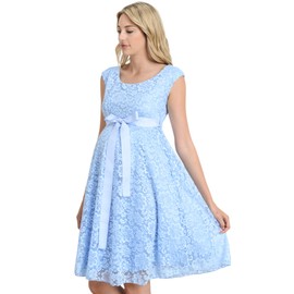 Hello Miz Maternity Floral Lace Baby Shower Party Cocktail Dress with Satin Waist (Medium, Aqua Blue)