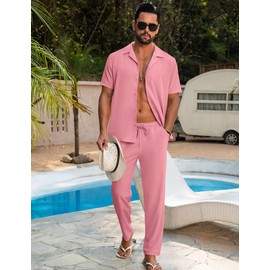 LecGee 2 Piece Outfits for Mens Tracksuit Shirt and Pants Button Down Set Sweatsuit Casual Clothes Sets(Pink,M)