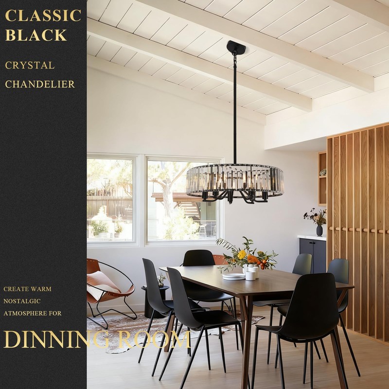 Black Crystal Chandelier for Dining Room, 6-Light Modern Semi Flush