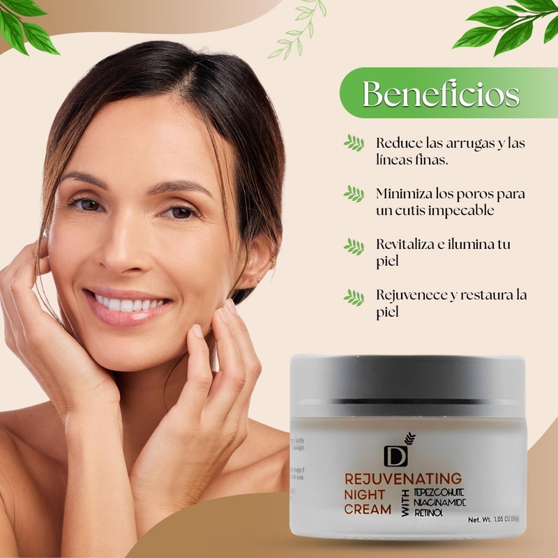Crema rejuvenecedora de noche con tepezcohuite, retinol, y niacinamida -