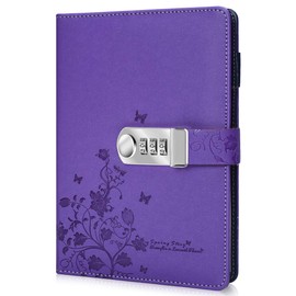 ARRLSDB PU Leather Journal with Lock, A5 Size Diary with Combination Lock Password Notebook Locking Personal Diary (Purple)