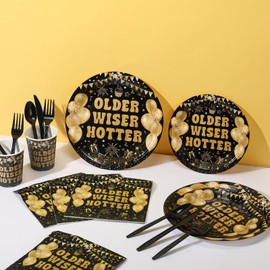 Zhehao 171 Pcs Older Wiser Hotter Party Supplies Disposable Happy Birthday Party Dinnerware Set with Plates Napkins Funny Banner Tablecloth Decoration for Women 30th 40th 50th 60th 70th 80th Birthday