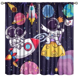 Astronaut Blackout Curtains,Cute Astronaut Cartoon Starry Stars Moon Pattern 2 Panel Rod Pocket Window Drapes for Boy Girls Room Nursery Classroom Decor 42" W X 54" L