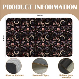 Gothic Moth Moon Floral Door Mat, Dark Academia Butterfly Flower Doormat Outdoor Indoor Entrance, Mystical Celestial Witchy Welcome Mats for Front Door, 17x30 Inch