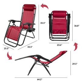 Elevon Zero Gravity Chair Set of 2 with Cup Holder & Removable Pillows, Adjustable Reclining Outdoor Patio Folding Chairs Portable Lounge Chair Furniture for Poolside, Lawn, Beach, Camping, Red