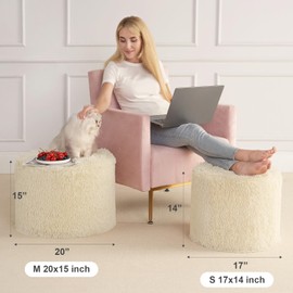 Hansleep Round Pouf Ottoman Foot Rest, 17 x 14 Small Faux Fur Stuffed Pouf for Chair, Foam Filled Foot Stools Ottomans for Living Room, Beige