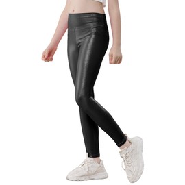 Kirinkylin Girls Metallic Leggings Size 12-13 Years Old Shiny Black Ankle Length Dancing Tights Yoga Pants
