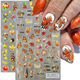 6 Sheets Gold Leaves Fall Nail Stickers 3D Squirrel Nut Butterfly Mushroom Maple Leaf Fall Nail Decals Autumn Nail Art Accessories Women Nail Supplies Thanksgiving Manicure Tips DIY Nail Decoration