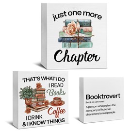 3 Pcs Book Wood Signs Decor Book Lover Wood Block Signs Just One More Chapter Booktrovert Wooden Box Signs Home Decorations for Bedroom Tiered Tray Desk Table Shelf