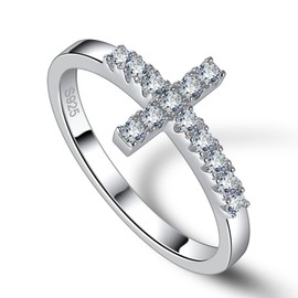 Moissanite Sterling Silver Sideways Cross Rings for Women, 925 Eternity Promise Infinity Stackable Wedding Band Statement Anniversary Ring for Her, Size 6.5