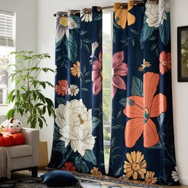 GIGIZAZA Boho Velvet Curtains 96 Inch for Living Room,Navy Floral Curtain Colorful Drapes Thermal Insulated Flower Botanical Pattern Window Treatment Blackout Curtains 2 Panels Set
