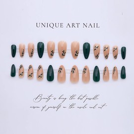 LPOODDNU Almond Press on Nails - Dark Green Medium Fake Nails with Leaf Designs, Glossy Finished Reusable False Nails with Double Adhesive Glue Tabs - 24Pcs Nail Kit for Women Manicure
