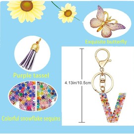 Initial Keyring for Girls Women Pink Purple Snowflake Glitter Crystal Drops Cute Butterflies Decoration School Bag Car Key Bag Pendant Letters, F