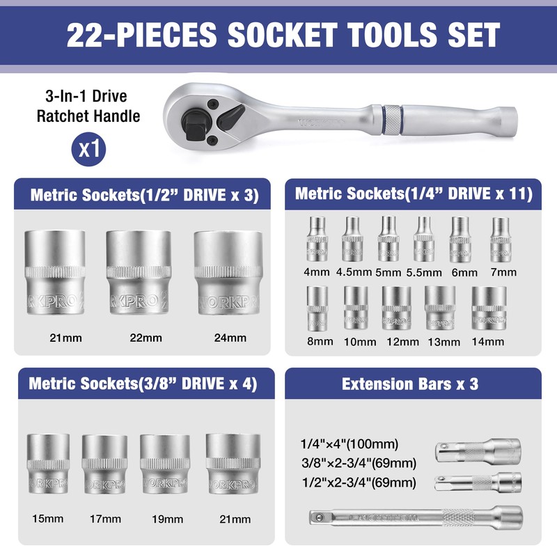 WORKPRO 22-Piece Socket Set with 3-in-1 Ratchet Handle, 1/4, 3/8,