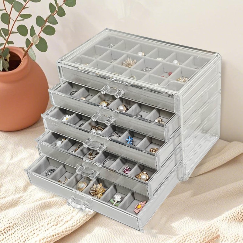 HOUKANWE Acrylic Earring Holder Organizer with 5 Drawers Clear Earring