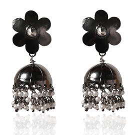Moonstruck Traditional Indian Dome Shaped Floral Lightweight Oxidised Jhumka/Jhumki Earrings With Pearls for Women (Oxidised)