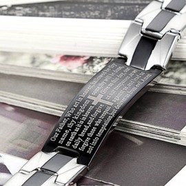 Flongo Men's Vintage Stainless Steel Black Cross English Bible Lords Prayer Link Wrist Bracelet