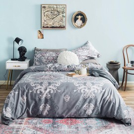 YuHeGuoJi Duvet Cover Set 100% Egyptian Cotton Grey Queen Size Boho Moroccan Paisley Bedding 3 Pieces Set 1 Damask Print Comforter Cover with Zipper 2 Pillowcases Hotel Quality Soft Silky Breathable