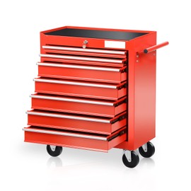 Auto Dynasty Universal Large Load Capacity Plastic Top Roller Rolling Tool Chest Cabinet with Key Lock and Wheels, 7-Drawers, 27.55 (L) x 13 (W) x 30.31 (H) Inches, Red