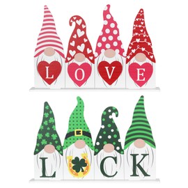 Valentines Day Decor & St Patricks Day Decorations, DECSPAS 1PC Double-sided Pink Green Gnome Valentines Decorations, LOVE LUCK Sign Valentine Decor Decorations for the Home, Mantle, Dining Table