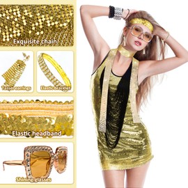 dellyy Pack of 6 Disco Accessories, 70s 80s Costume Accessories, 70s Disco Outfit Women's Accessories, Sequin Earrings Headband Rhinestone Bracelet Necklace Sunglasses, gold