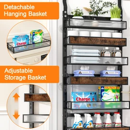 Clothink Over the Door Pantry Organizer,6 Tier Wall Mounted Hanging Spice Rack with Adjustable Basket,Heavy Duty Metal Back of Door Storage Shelf for Kitchen Pantry and Bathroom