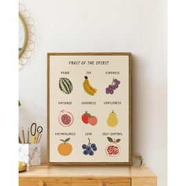 Framed “Fruit of the Spirit” Wall Art 12x16 Canvas Print, Bible Verses Inspirational Cute Fruits Illustrations Religious Artwork, Love, Joy, Peace Nursery Kids Room Sunday School Decor