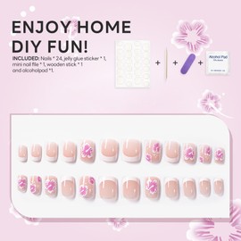 Short Square Press on Nails French Tip Fake Nail with Pink Flowers Designs Nude Glossy Full Cover Stick on False Manicure Acrylic Artificial Manicure for Women Daily Wear 24 Pcs