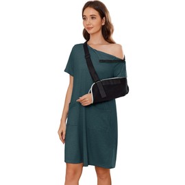 Deyeek Women's Post Shoulder Surgery dress Tear Away Short Sleeve Full Open Side Snap Adaptive Clothing with Pockets Lake Green
