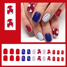 24Pcs Independence Day Press On Nails Short 4th Of July Fake Nails Square Acrylic Nails Press Ons Full Cover False Nails With Star Designs Red Blue Glue On Nails Stick On Nails For Women