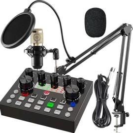 Podcast Equipment Bundle, Phantom Power with Microphone Interface, Sound Pads, Voice Changer with Studio Microphone, Perfect for Recording, Singing, Microphone Set