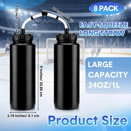 Skybooly 8 Pack Hockey Water Bottles 1 Liter Easy Squeeze Plastic 34 oz Sports Water Bottles with Long Straws for Hockey, Lacrosse, Football, Soccer, Baseball, Gym Sports Helmets (Black)