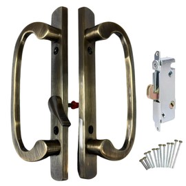 8.5" Legacy Sliding Patio Glass Door Handle Set – Offset Latch, Non-Keyed, Antique Brass – Sash Controls 2265 Handle & 45° Mortise Lock – Fits 3-15/16” Screw Spacing & 1-1/4" to 2-1/4" Thick Doors
