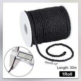 PH PandaHall 32.8 Yards Black Twisted Rope Trim, 3-Layer Braided Cord with Spool, Decorative Twisted Satin Milanese Rope for Home Decoration, Interior Decoration, Curtain, Bow Tie, Graduation Party