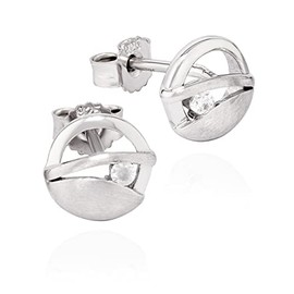 NKlaus Pair of Modern Design Stud Earrings Zirconia White 925 Silver Shiny 7 mm Round 13544, Sterling Silver