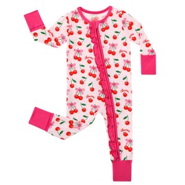 DREAMHALO Baby Girl Romper Long Sleeve Jumpsuit Infant Zipper Outfit Toddler One Piece Clothes, Viscose Made from Bamboo Sweet Cherries 6-12 Months