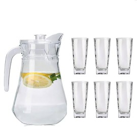7-Pcs/Set Glass Pitcher with 6 Glasses Tumbler Cups Lid Water Carafe Jug with Spout Handle for Hot/Cold Water Tea Beverage