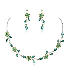 EleQueen Wedding Bridal Jewelry Set for Women Bridesmaid, Elegant Czech Diamond Floral Leaf Statement Necklace Dangle Earrings Set for Prom Party Emerald Color Silver-Tone