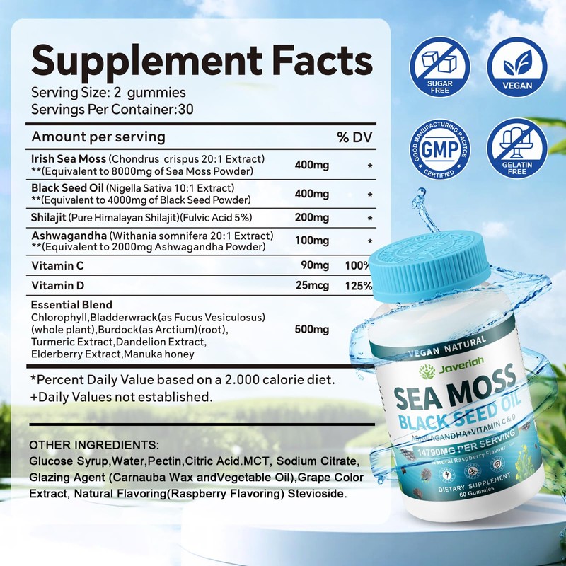 Vegan Ashwagandha Sea Moss Gummies - Black Seed Oil, Vitamin