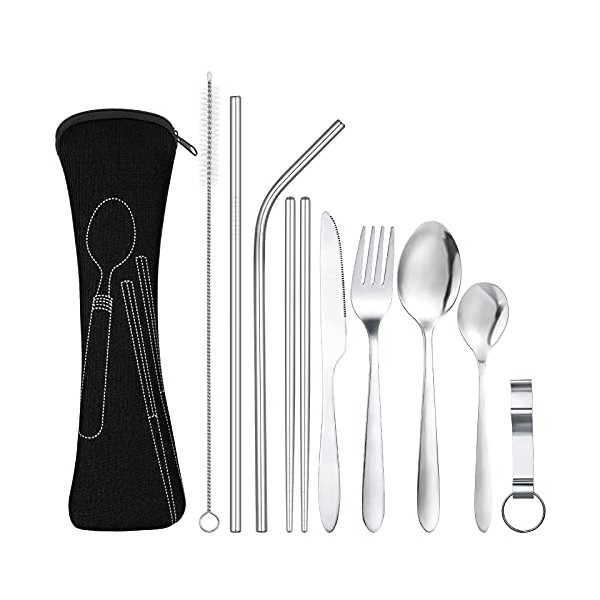 umorismo 9PCS Camping Cutlery Travel Cutlery Set Stainless Steel Portable Utensils with Pouch Case Include Straw, Chopsticks, Spoon, Knife and Fork for Hiking,Camping