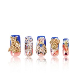 LOVFUL Press on Nails The Palace of Murals Blue French Tip| Handmade with Full Covered Crystals | Reusable Fake Nails | Square Regular 1.0 in | H174L
