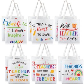 Aliceset 12 Pcs Teacher Appreciation Gifts Teacher Canvas Tote Bags in Bulk for Women Christmas Back to School Gifts(White)