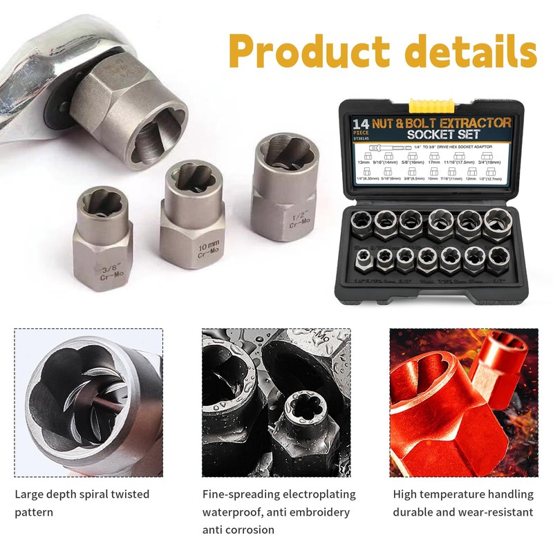 14 Pcs Bolt Extractor Set, Nut Remover Set Locking Wheel