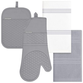 Oven Mitt and Pot Holders Sets, Quilted Cotton Terry Cloth,Non-Slip Pot Holder, Silicone Oven Mitt Heat Resistant, Oven Mittens 7.3"x14.2", Hot Pad 7"x10" & Dish Cloths 13"x25"