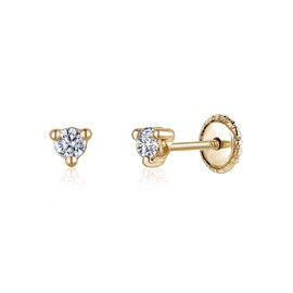 14k Yellow Gold 3 Prong Martini Simulated Diamond Stud Earrings Tiny for Baby or Multiple Piercings Screwback 3mm