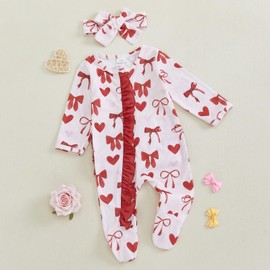 MoZiKQin Newborn Baby Girl Ruffle Romper Knit Sweater Footie Jumpsuit Long Sleeve Zipper Romper Cute Fall Winter Outfits (Bowknot Heart-red,Newborn)